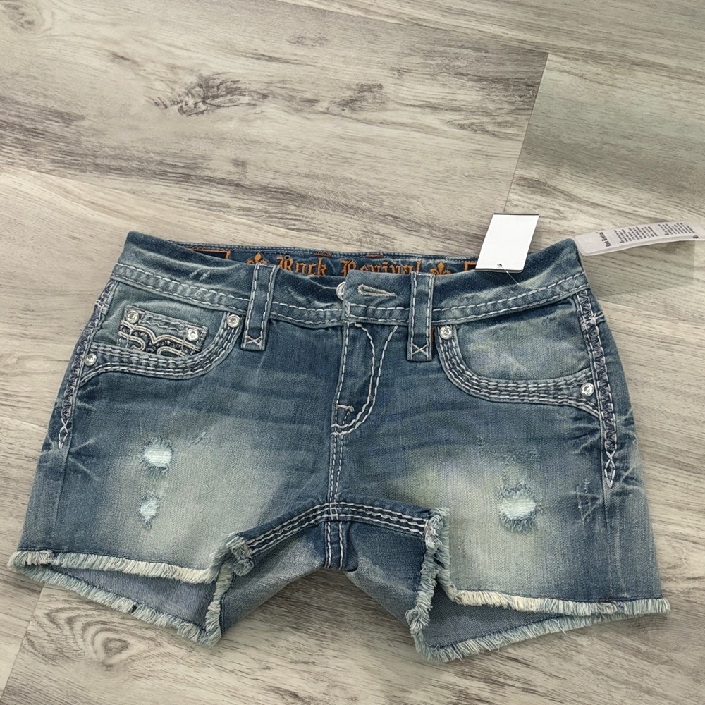 ROCK REVIVAL JELINA STRETCH JEAN SHORTS CRYSTAL RHINESTONE - Picture 3 of 5